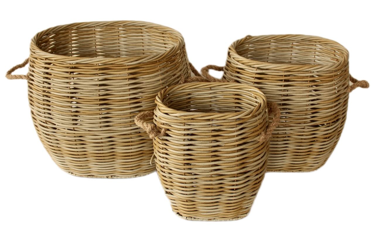 Set Of 3 Rattan Outdoor Oval Baskets